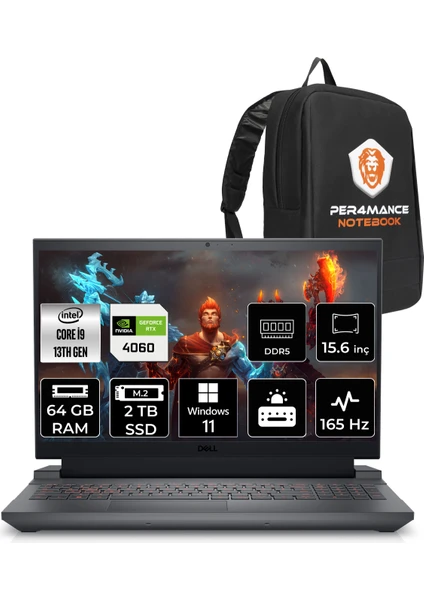 Gaming G15 5530 Intel Core I9 13900HX 64GB 2tb SSD RTX4060/8GB 165HZ 15.6" Fhd W11H Taşınabilir Bilgisayar G155530016WH & Per4 Çanta G155530016WHP64