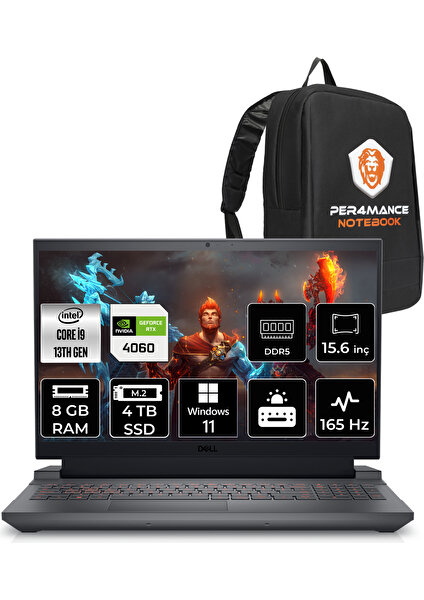 Gaming G15 5530 Intel Core I9 13900HX 8gb 4tb SSD RTX4060/8GB 165HZ 15.6" Fhd W11H Taşınabilir Bilgisayar G155530016WH & Per4 Çanta G155530016WHP35