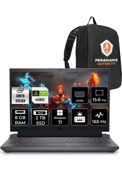 Gaming G15 5530 Intel Core I9 13900HX 8gb 2tb SSD RTX4060/8GB 165HZ 15.6" Fhd W11P Taşınabilir Bilgisayar G155530016WH & Per4 Çanta G155530016WHP74