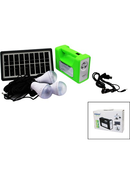 Solar Seyyar Panelli - Fiş Şarjlı 2in1 Yatay - Düz Model El Feneri - 3 Adet Ampul Kablolu - Powerbank (K246)