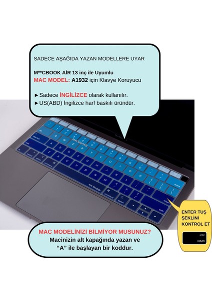 Laptop Macbook Air Klavye Koruyucu US(ABD) İngilizce Harf Baskılı A1932 ile Uyumlu Ombre