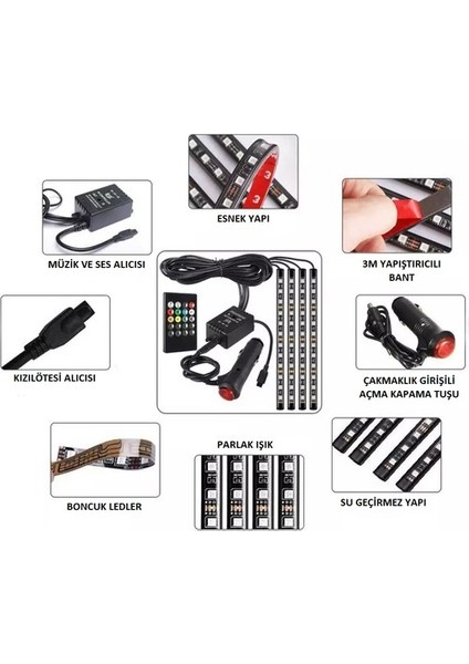 12 LED Ayak Altı LED 4parçalı Uzaktan Kumanda Kontrollü 48LED Atmosfer Işık Ledi
