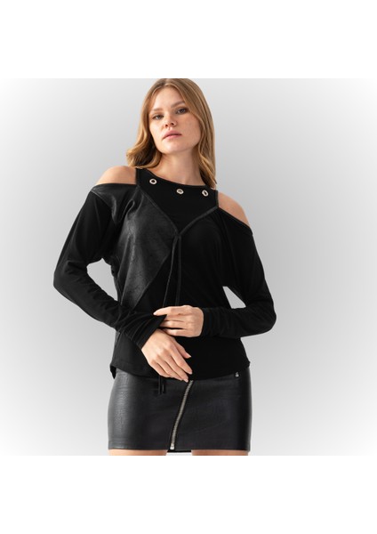 Kadın Siyah Yakası Kuş Gözü Detaylı Omzu Açık Bluz