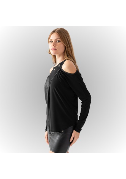 Kadın Siyah Yakası Kuş Gözü Detaylı Omzu Açık Bluz modelleri