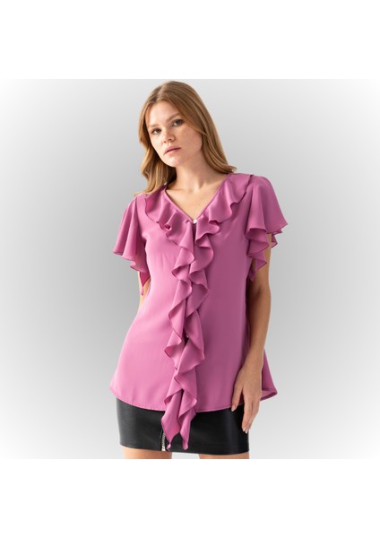 Kadın Gül Kurusu Volanlı Yaka ve Kol Önü Düğmeli Abiye Bluz