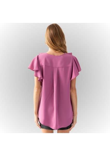 Kadın Gül Kurusu Volanlı Yaka ve Kol Önü Düğmeli Abiye Bluz fırsatları