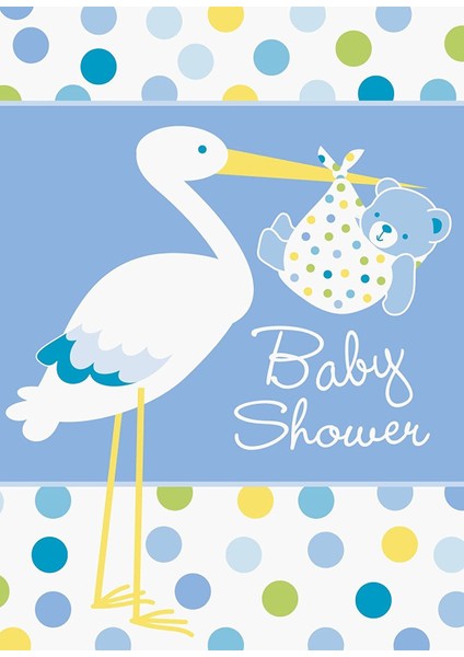 Baby Boy Stork Temalı Mavi Renk Baby Shower Davetiye 8 Adet