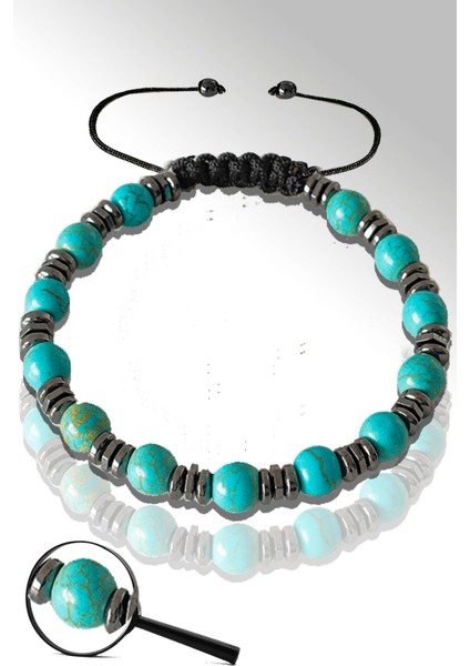 Hematitli 6mm Doğal Firuze - Turkuaz Taşı Ayarlamalı Bileklik