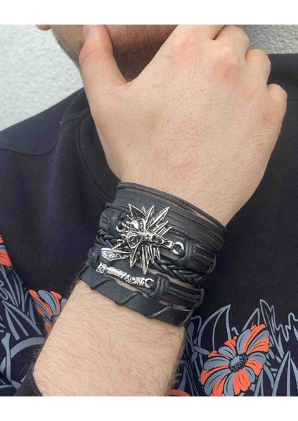 Viking Thor Balta ve Kurt Figürlü 5'li Deri Bileklik modelleri
