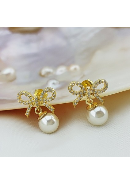 925 Ayar Gümüş Kurdeleli Gold Inci Küpe