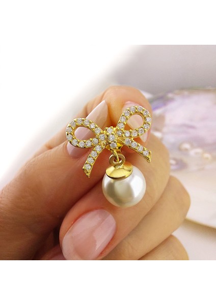 925 Ayar Gümüş Kurdeleli Gold Inci Küpe fırsatları