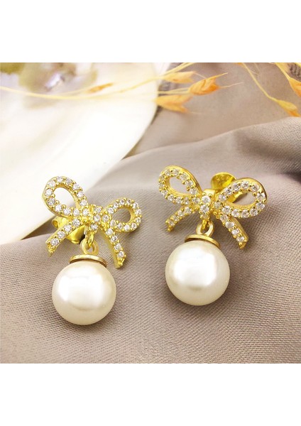 925 Ayar Gümüş Kurdeleli Gold Inci Küpe indirimleri