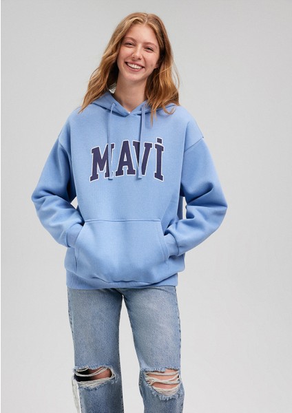 Logo Baskılı Kapüşonlu Mavi Sweatshirt 1600361-70856