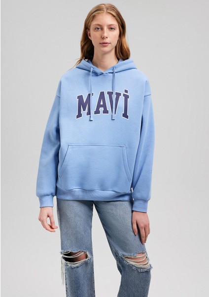 Logo Baskılı Kapüşonlu Mavi Sweatshirt 1600361-70856