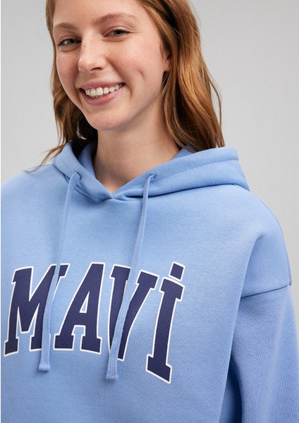 Logo Baskılı Kapüşonlu Mavi Sweatshirt 1600361-70856