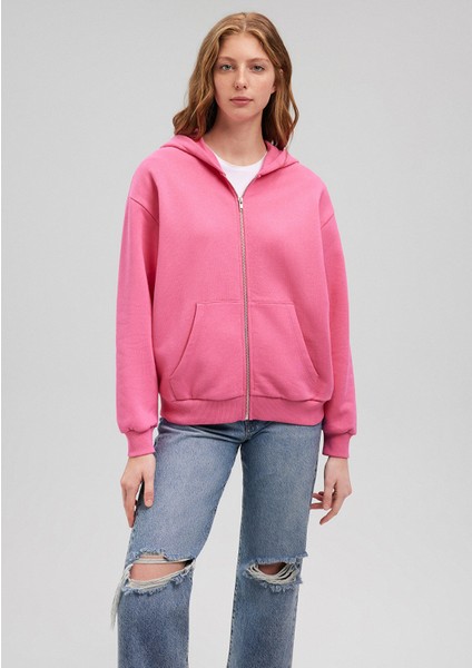 Fermuarlı Kapüşonlu Pembe Basic Sweatshirt 1611775-71095