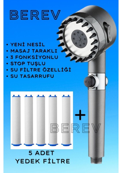 Masajlı 3 Fonksiyonlu Su Tasarruflu Filtreli Turbo Jet Duş Başlığı Siyah
