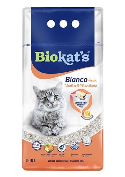 Biokats Bianco Fresh Vanilya ve Mandalina Kokulu Topaklanan Doğal Kedi Kumu 10 Lt