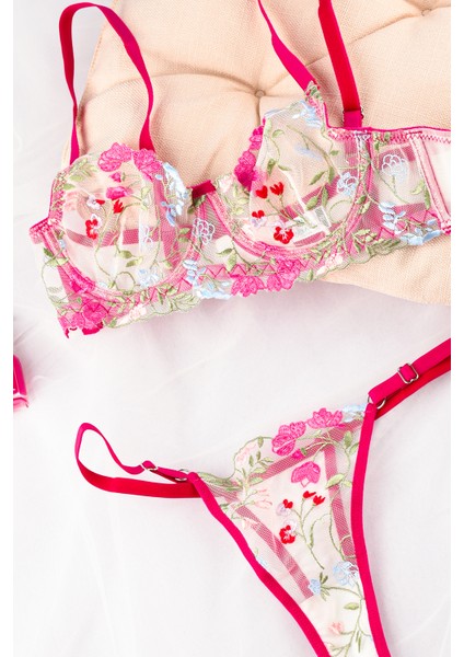 Tina Pembe Çiçek Nakış Işlemeli Brode Bralet Sütyen Takım fiyatları