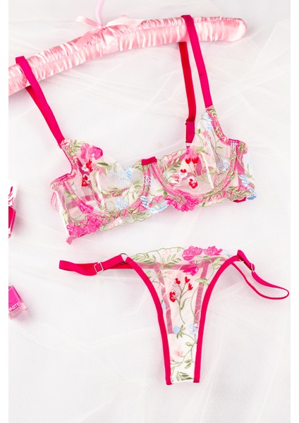 Tina Pembe Çiçek Nakış Işlemeli Brode Bralet Sütyen Takım fırsatları