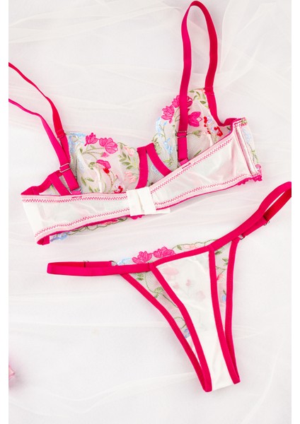 Tina Pembe Çiçek Nakış Işlemeli Brode Bralet Sütyen Takım indirimleri