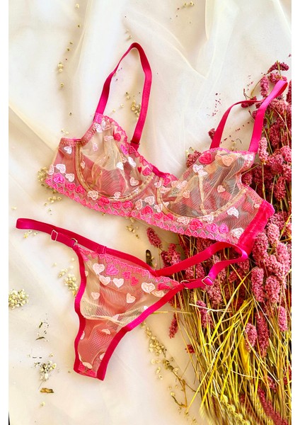 Masal Fuşya Çiçek Nakış Işlemeli Brode Bralet Sütyen Takım