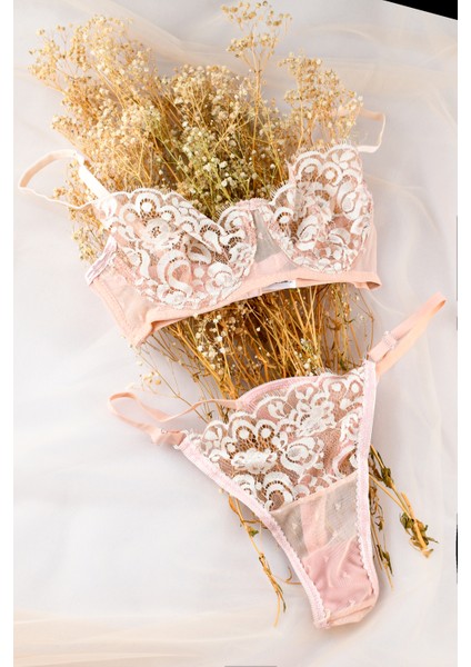 Paris Pudra Çiçek Dantel Tül Detaylı Brode Bralet Sütyen Takım