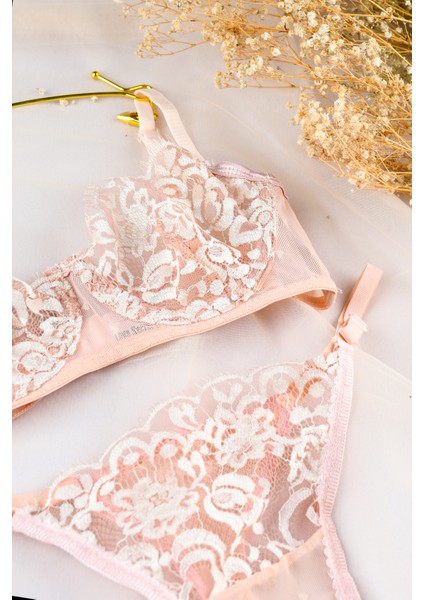 Paris Pudra Çiçek Dantel Tül Detaylı Brode Bralet Sütyen Takım modelleri