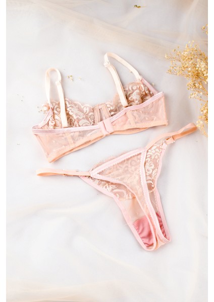 Paris Pudra Çiçek Dantel Tül Detaylı Brode Bralet Sütyen Takım fırsatları