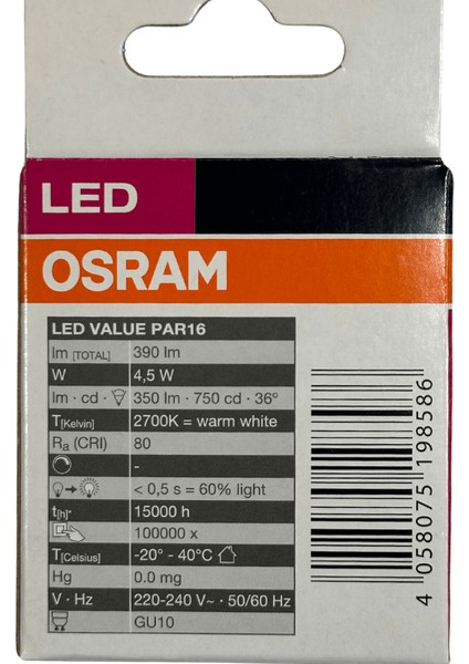 PAR16 4.5W (50W) 2700K (Sarı Işık) GU10 Duylu LED Spot (2 Adet)