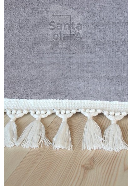 Gri Dikdörtgen Püskül Saçaklı Post Halı Peluş Yumuşak Kaymaz Dot Taban