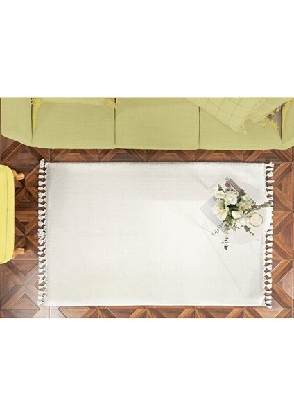 Beyaz Dikdörtgen Püskül Saçaklı Post Halı Peluş Yumuşak Kaymaz Dot Taban modelleri