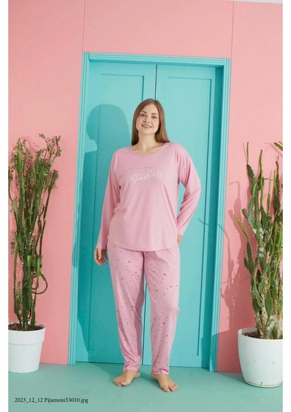 Kadın Polyviskon Battal Uzun Kollu Pijama TAKIMI-7330-2