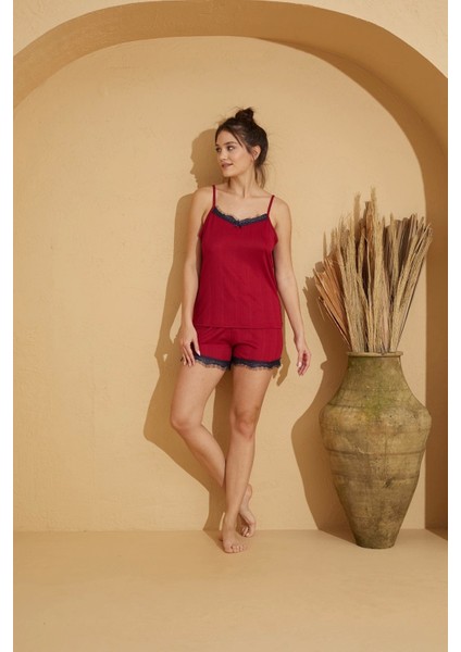 Ip Askılı Şortlu Dantel Detaylı Kaşkorse Pijama TAKIMI-5530-4