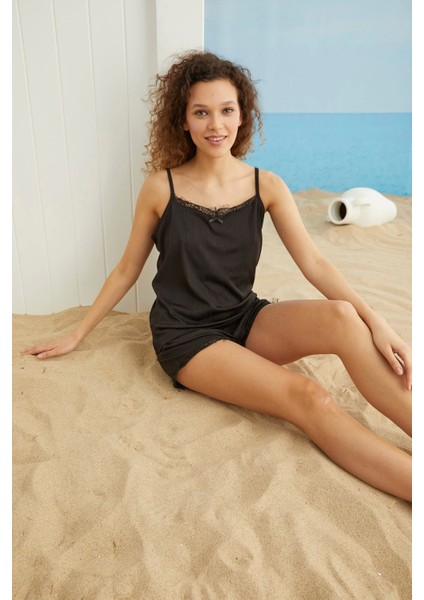 Ip Askılı Şortlu Dantel Detaylı Kaşkorse Pijama TAKIMI-5530-8