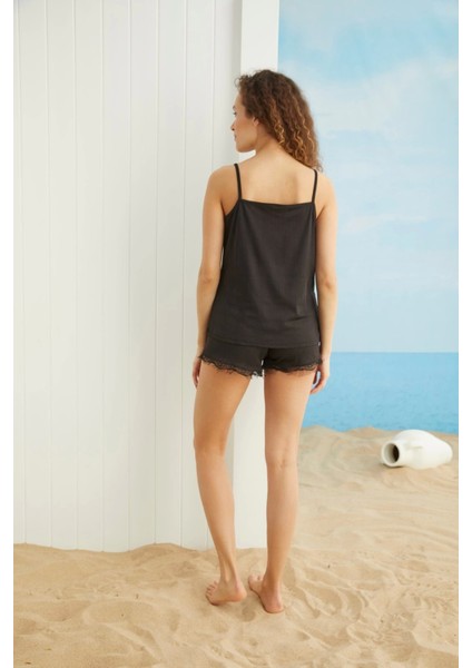 Ip Askılı Şortlu Dantel Detaylı Kaşkorse Pijama TAKIMI-5530-8