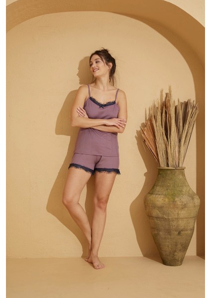 Ip Askılı Şortlu Dantel Detaylı Kaşkorse Pijama TAKIMI-5530-3