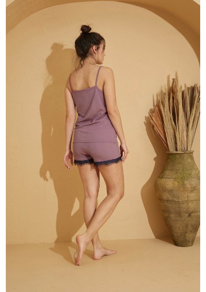Ip Askılı Şortlu Dantel Detaylı Kaşkorse Pijama TAKIMI-5530-3