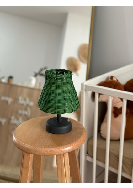 Yeşil Rattan & Bambu Masa Üstü Kablosuz Pilli Abajur Masa Lambası Alt Ayak Antrasit