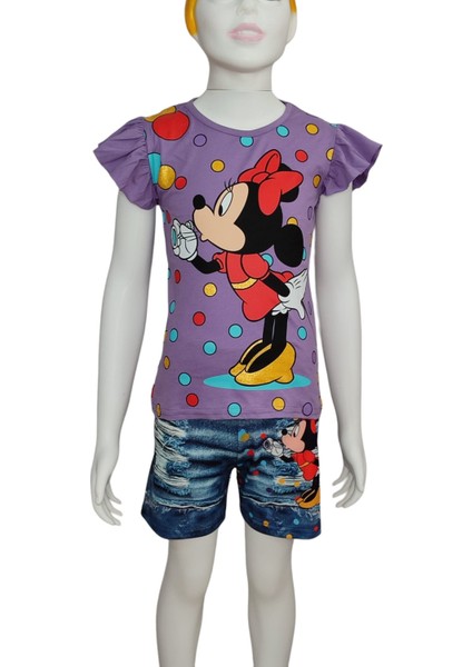 Minnie Mouse Dijital Baskılı Kot Görünümlü Şort T-Shirttakım