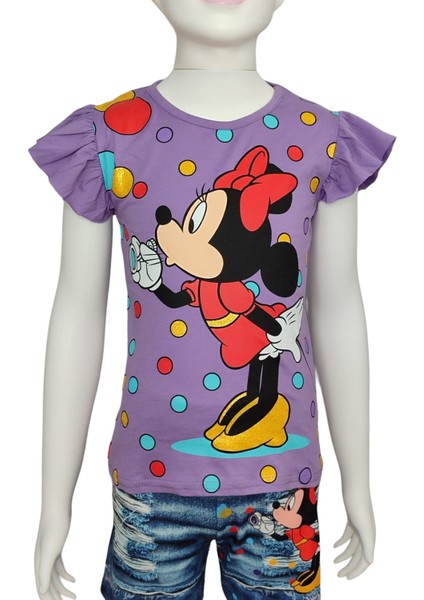 Minnie Mouse Dijital Baskılı Kot Görünümlü Şort T-Shirttakım modelleri