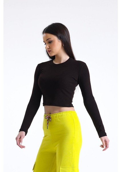 Kahverengi Bisiklet Yaka Uzun Kollu Fitilli Kaşkorse Crop Bluz