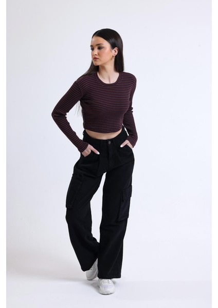 Kahverengi Lacivert Çizgili Bisiklet Yaka Uzun Kollu Fitilli Kaşkorse Crop Bluz modelleri