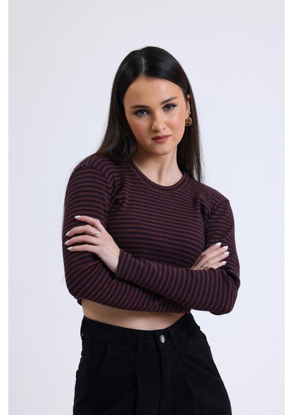 Kahverengi Lacivert Çizgili Bisiklet Yaka Uzun Kollu Fitilli Kaşkorse Crop Bluz indirimleri