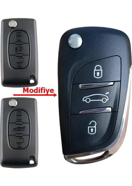 Peugeot Partner 307 407 508 Pil Yataksız 3 Tuş Logolu Çevirici Modifiye Dönüşüm Anahtar Kumanda Kabı