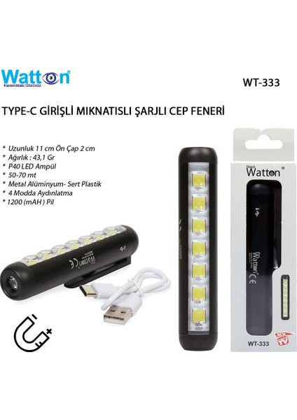 Watton Şarjlı Klipsli Mini Cep Feneri 4 Fonksiyonlu Mıknatıslı Type-C Girişli