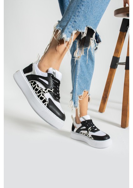 Karoline Kadın Sneakers Bağcıklı Spor Ayakkabı Siyah/leopar Deri