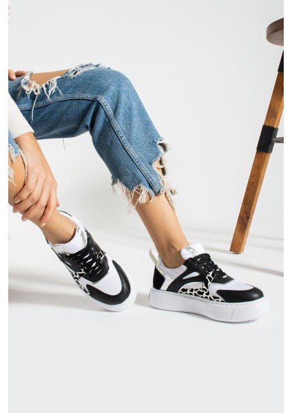 Karoline Kadın Sneakers Bağcıklı Spor Ayakkabı Siyah/leopar Deri