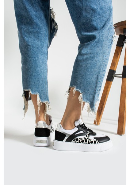 Karoline Kadın Sneakers Bağcıklı Spor Ayakkabı Siyah/leopar Deri