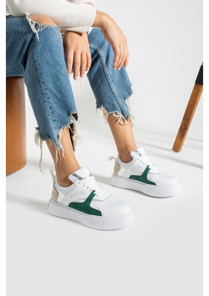 Karoline Kadın Sneakers Bağcıklı Spor Ayakkabı Beyaz/yeşil Deri fiyatları